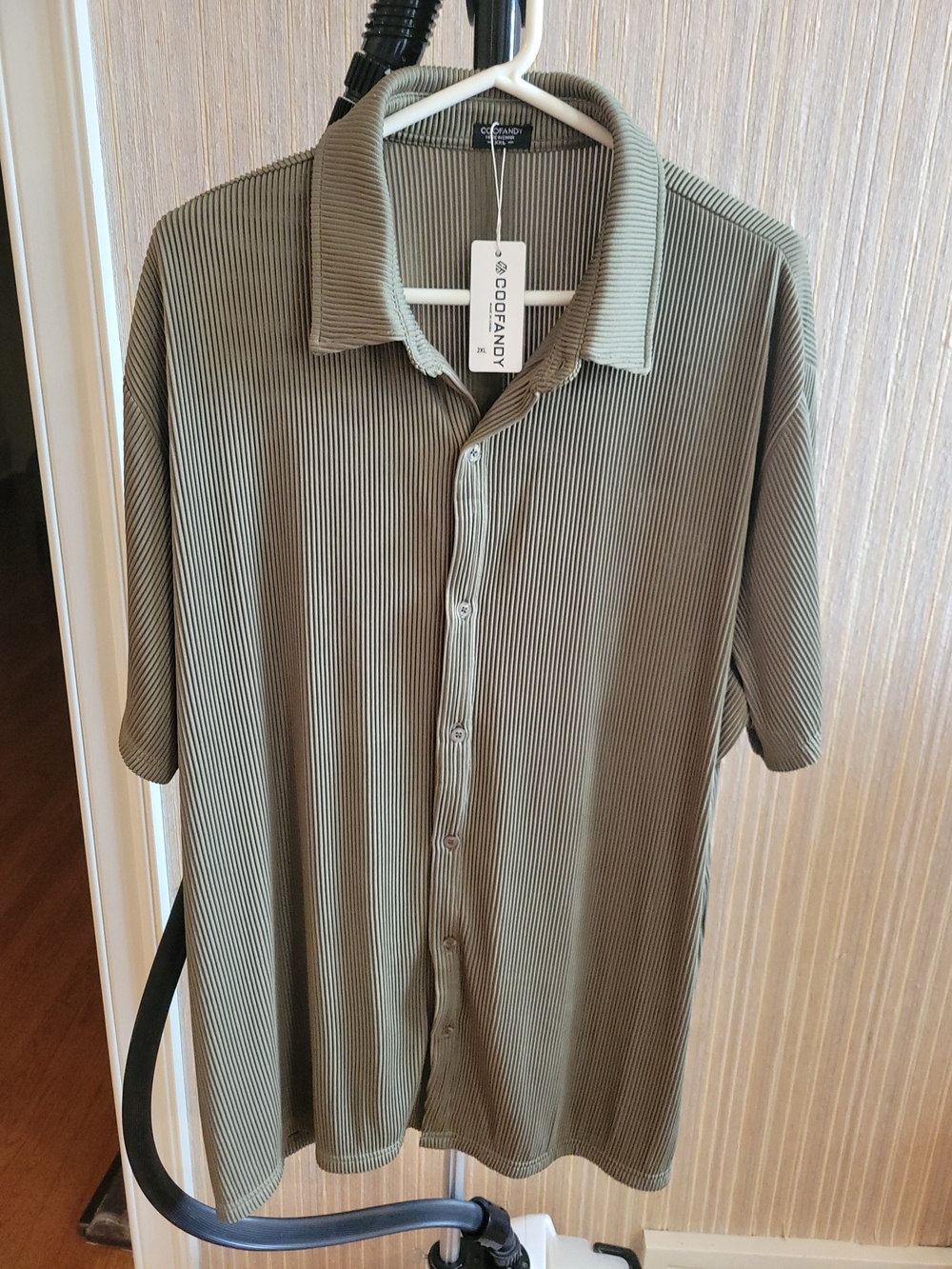 Men’s Olive Green Ribbed Short-Sleeve Button-Down Shirt by Goofandy NWT XXL